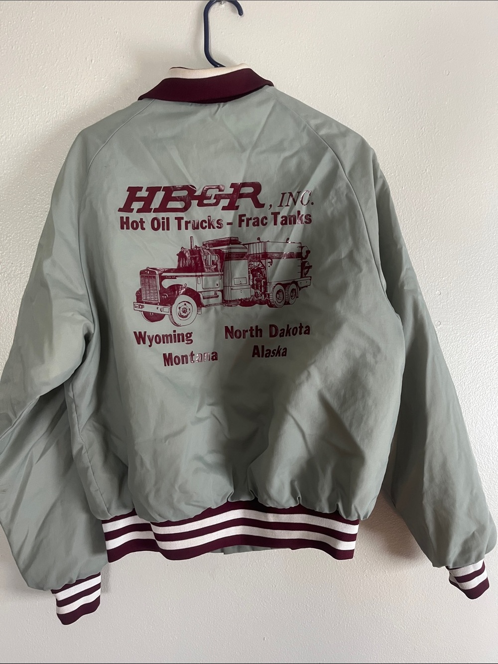 1980’s Hot Oil Truck HB&R Inc. Men's Style Light Gray & Maroon BomberJacket